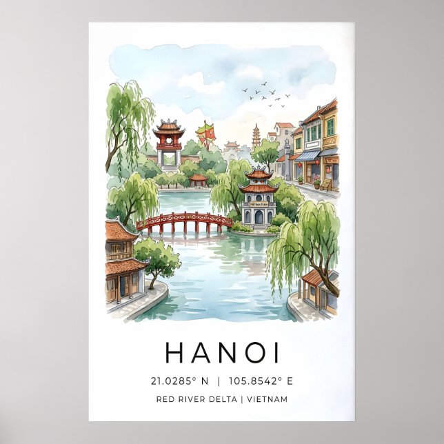 Hanoi akvarelltryck, röd välvd bro, sjö poster (Framsidan)