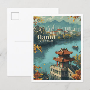 Hanoi Vietnam Vintage Art Travel Illustration Vykort