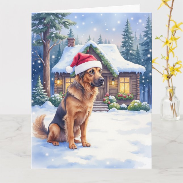 Hanoverian Scenthound Snowy Forest Cabin Santa Hat Kort (Gul blomma)