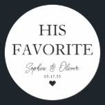 HANS FAVORITE Dessert Candy Pub Heart Wedor Favor Runt Klistermärke<br><div class="desc">Ett klassiskt svart Bröllop-märke i Tack med texten "Hans Favorit" i ett klassiskt modernt teckensnitt i eleganten. Du kan enkelt personlig det med ditt namn och bröllop-datum.</div>