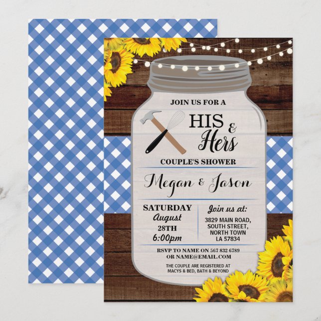 Hans & inbjudan för blått för hennes pars dusch (Fram/baksida)
