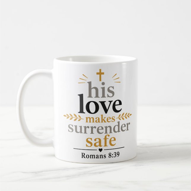 Hans kärlek gör eftergift trygg kristen skrift kaffemugg (Vänster)