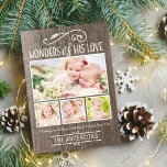 Hans Kärlek Rustic Julfoto Collage Julkort<br><div class="desc">Rustic stil helgdag multifotokort har en vit dekorativ typografi av "Wonders of Hans Kärlek" med rullans dekorativa dekorationsdekoration och anpassningsbar text på en grått-/brun vävt träbakgrund. Anpassa med dina fyra (4) favoritfoton i familjen. En diamant mönster över träkornen struktur visas på baksidan av det platta kortet.</div>