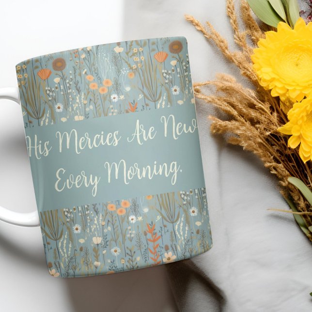 "Hans meriter är nya varje morgon" Blommigt Mugg ("His Mercies Are New Every Morning" Floral Mug)