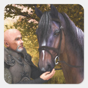 Hans Noble Steed - A Knight och Hans Horse Fyrkantigt Klistermärke