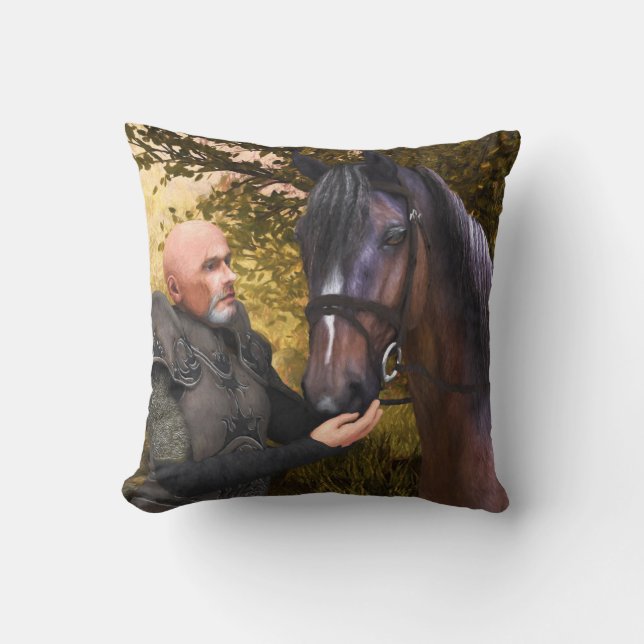 Hans Noble Steed - A Knight och hans Horse Pillow Kudde (Framsida)
