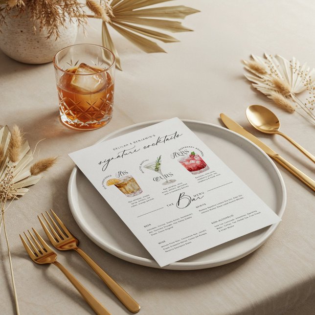 Hans öar och hönor, vattenfärg Namnteckning Cockta Meny (His Ours & Hers Watercolor Signature Cocktail Menu)