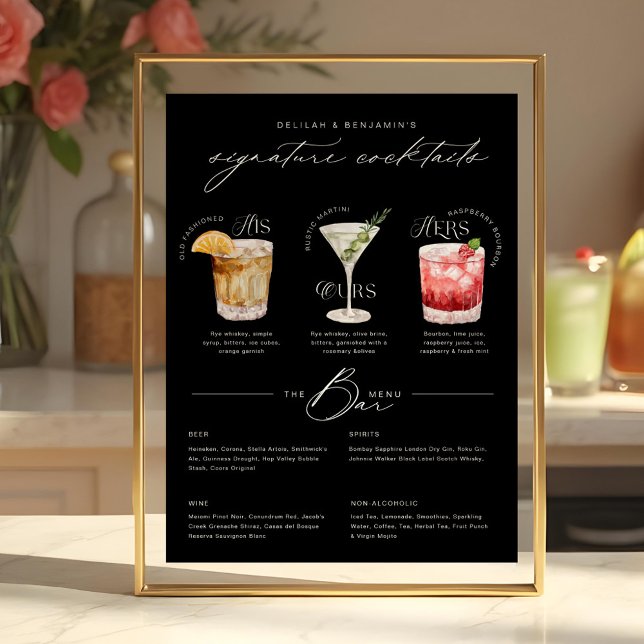 Hans öar och hönor, vattenfärg Namnteckning Cockta Poster (His Ours & Hers Watercolor Signature Cocktail Menu Black Poster)