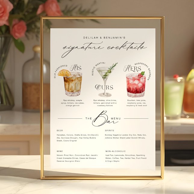 Hans öar och hönor, vattenfärg Namnteckning Cockta Poster (His, Ours & Hers Watercolor Signature Cocktail Menu Poster)