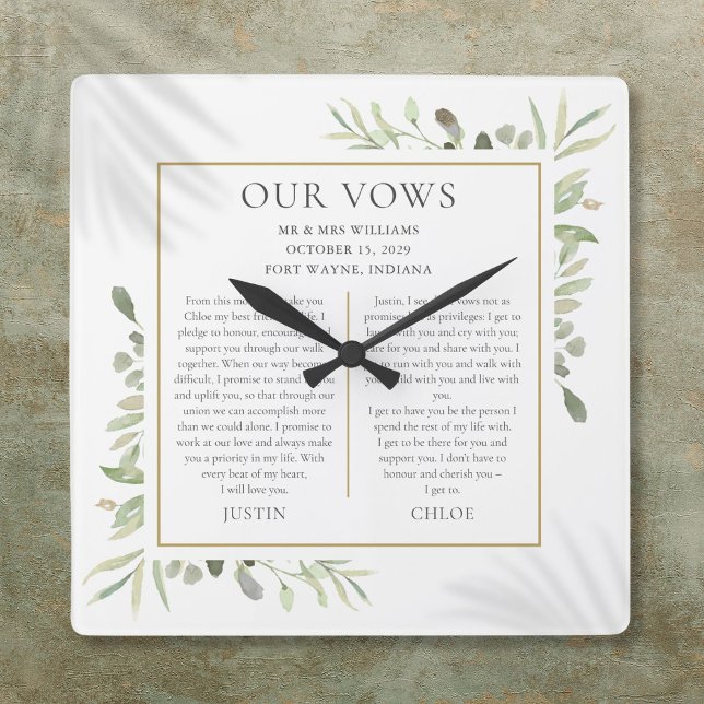 Hans Och Hennes Bröllopslöften Grönska Lövverk Fyrkantig Klocka (His And Hers Wedding Vows Greenery Foliage Square Wall Clock)