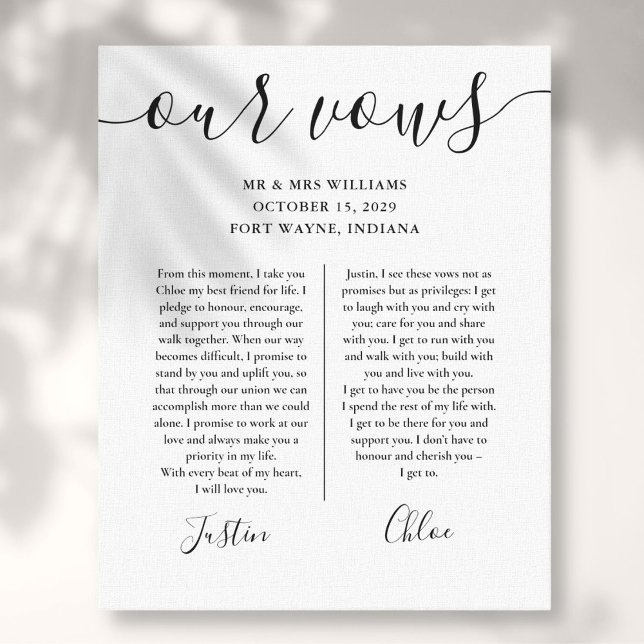 Hans Och Hennes Bröllopslöften Svart Och Vit Skrif Canvastryck (His And Hers Wedding Vows Black And White Script Canvas Print)