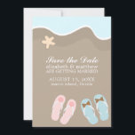 Hans och Hers Flip Flop Sandals Bröllop Spara Datumet<br><div class="desc">Bröllop spara datum aviserar eller inbjuder till en vacker vektorillustration av flinflip flops i sanden vid havet med en svält. Perfekt till stranden,  tropiska destinationer eller sommartid bröllop. Heartlock</div>