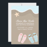 Hans och Hers Flip Flop Sandals Bröllop Spara Datumet<br><div class="desc">Bröllop spara datum aviserar eller inbjuder till en vacker vektorillustration av flinflip flops i sanden vid havet med en svält. Perfekt till stranden,  tropiska destinationer eller sommartid bröllop. Heartlock</div>