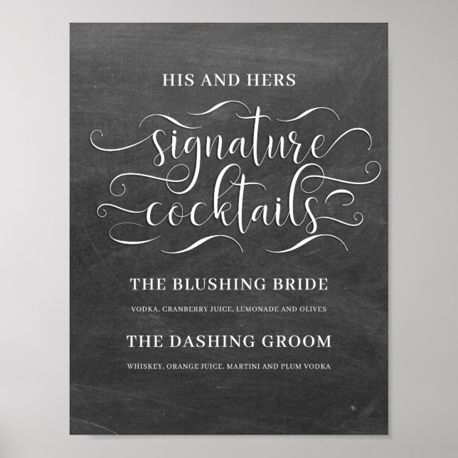 Hans och Hers Namnteckning Cocktails Bröllop Pub-t Poster (Framsidan)