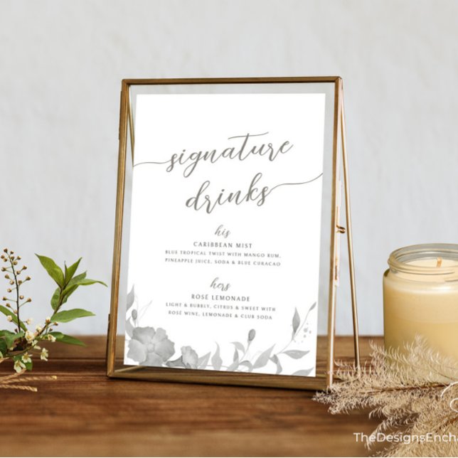 Hans och Hers Namnteckning Drinks Cocktails-tecken Inbjudningar (Modern Simple Wedding Signature Drinks Sign Minimal Boho Floral Wedding Poster TheDesignsEnchanted)