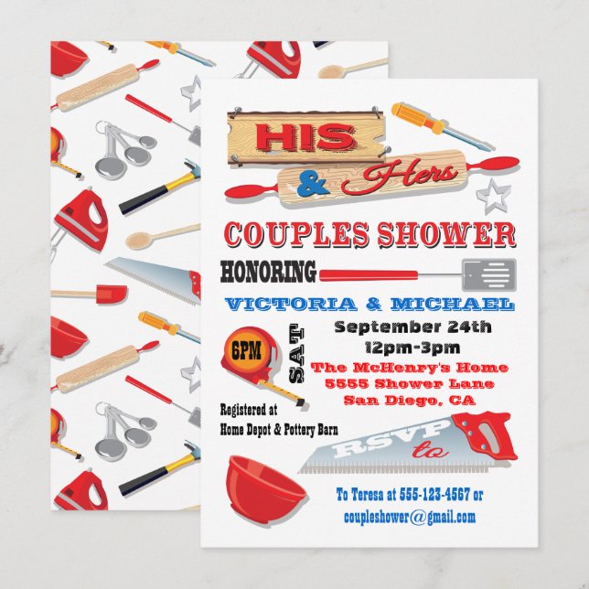 Hans och Hers Par Verktyg Kitchen Shower Inbjudan (Fram/baksida)