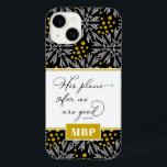 Hans planer för mig är bra Jeremiah 29:11<br><div class="desc">Ett kristet telefonfall med den bibelvern från Jeremiah 29:11. Hans planer för mig är bra. Det finns en modern bakgrund för sprängningen av mönster i svart och guld och en intäkt för att lägga till ditt första monogram.</div>