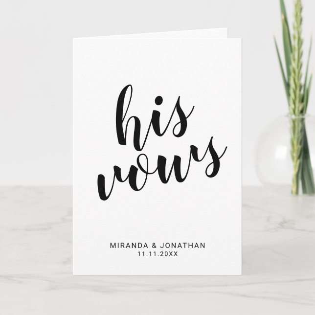 "Hans Vows" Elegant Black and White Bröllop Vows Anteckningskort (Framsida)