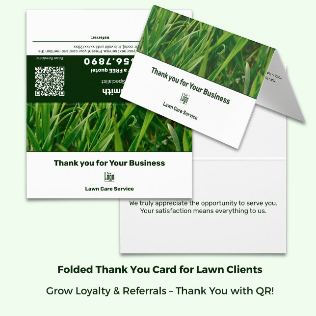 Hänskjutningskort för Tack av gräsmatta med Logoty Kort (Lawn Lawn Care Thank You Referral Card with Logo - Green White Branding - Folded Size: 3.5x2 Inch)