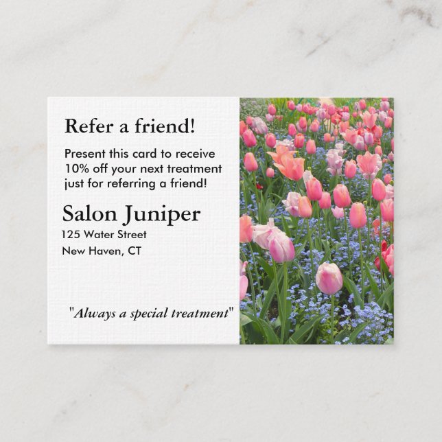 Hänskjutningskort med tulips och glömska-me-nots rabattkort (Framsida)