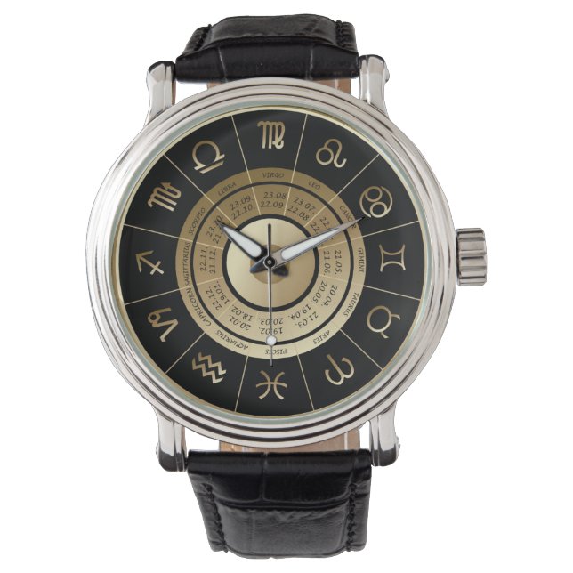 HANSOM BLACK & GULD ZODIAC SIGN WRIST WATCH ARMBANDSUR (Framsida)