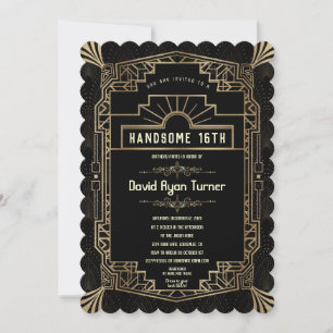 Hansome 16:e Art Deco Guld Underbar Gatsby 1920-ta Inbjudningar