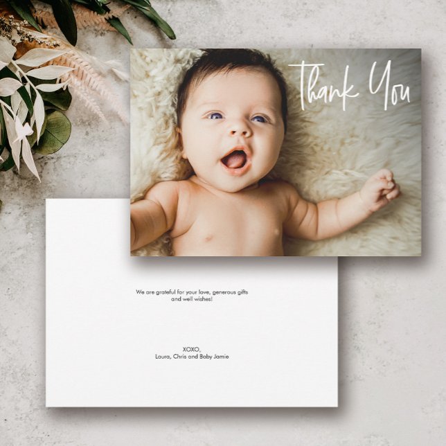 Hantera Anpassningsbar Babykläder 1 foto Tack Kort (Custom modern baby shower thank you baby photo card)
