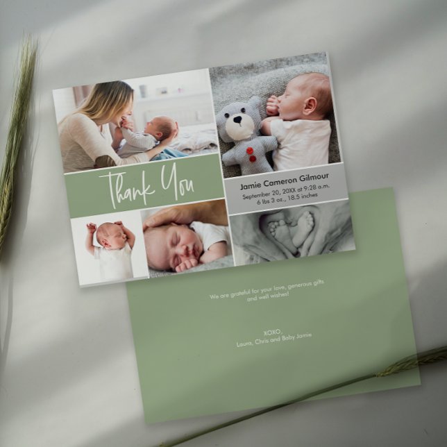 Hantera Grönten Photo Collage Baby Shower Tack Kort (Handlettering thank you baby shower photo collage birth announcement card in green.)