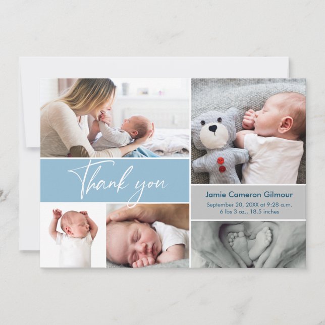 Hantera modern blå flerfoto-babystövel tack kort (Framsida)