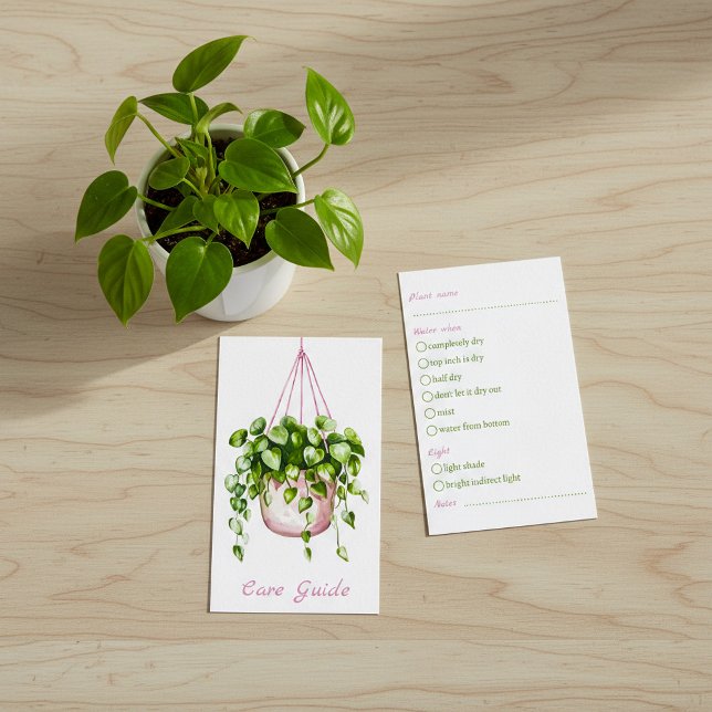 Hanteringsguide för vattenfärgsändring tilläggskort (Watercolor Hanging Plant Care Guide Enclosure Card.)