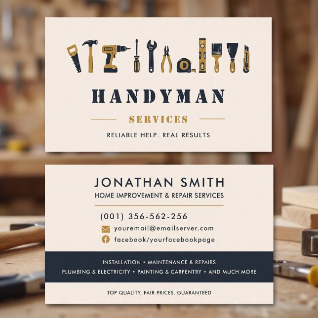 Hantverkare Rustik Crème Guld Verktyg Anpassad Visitkort (Handyman Rustic Cream Gold Tools Custom Business Card)