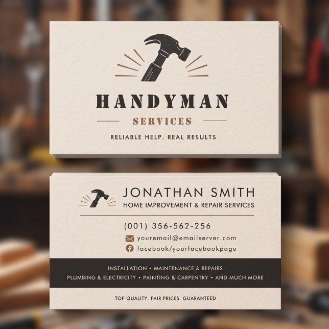 Hantverkare Rustik Krämhammare Anpassad Visitkort (Handyman Rustic Cream Hammer Custom Business Card)