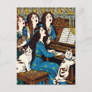 Hanukah-sjungan för kvinnor och katter runt piano vykort