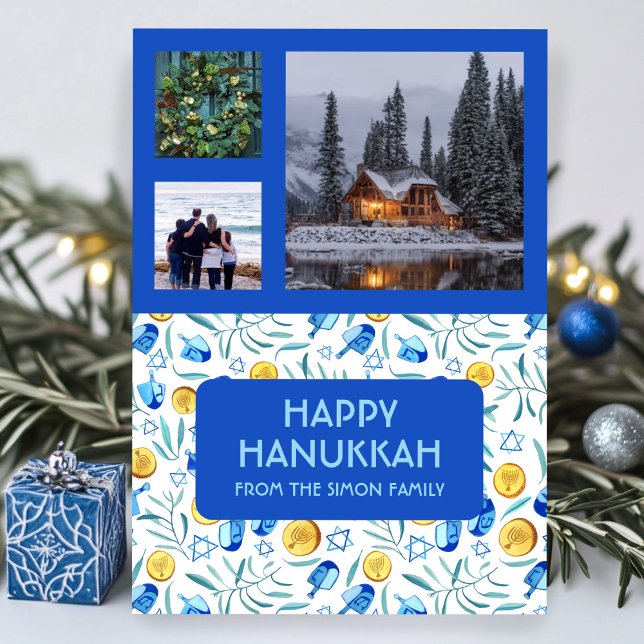 HANUKKAH ANPASSNINGSBAR 3 PHOTOS Driedel Gelt Helg (HANUKKAH CUSTOM PHOTOS Driedel Gelt Watercolor Holiday Card
)