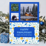 HANUKKAH ANPASSNINGSBAR PHOTOS Driedel Gelt Helgda<br><div class="desc">Anpassa det här platta kortet genom att lägga till egen text och foton på framsidan eller baksidan. Det finns ett rutnät framför fotona som gör det enklare att använda storleka foton som du har och behålla dem i ett kvadratiskt format. Du kan ta bort stödrastret eller ändra färgen eller tjockleken...</div>