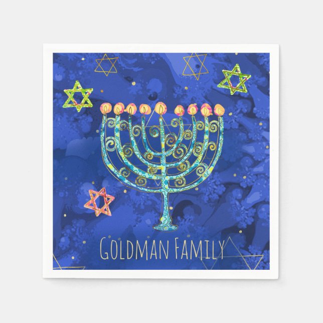 Hanukkah Aqua Menorah Star of David on Blue Pappersservett (Framsidan)