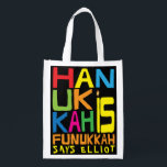 Hanukkah är Funukkah Återanvändbar Påse<br><div class="desc">Hanukkah är Funukkah, vit tvåsidig väska. All inslag kan redigeras. All redigerbar text kan tas bort och ersättas med ett eget meddelande. Använda ditt favoritteckensnitt färg, storlek och stil. Lycklig Hanukkah/Chanukah! Stil: Återanvändbar väska grönt och rädda planeten med vår återanvändbara matkasse! Den här väskan är gjord med en lätt polyesterväv...</div>