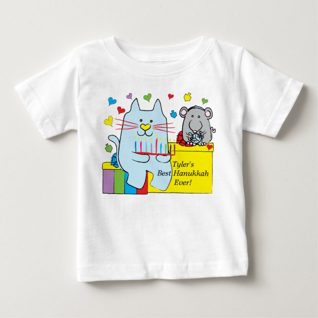 Hanukkah Baby T-Shirt Blå Katt och Mus (Framsida)
