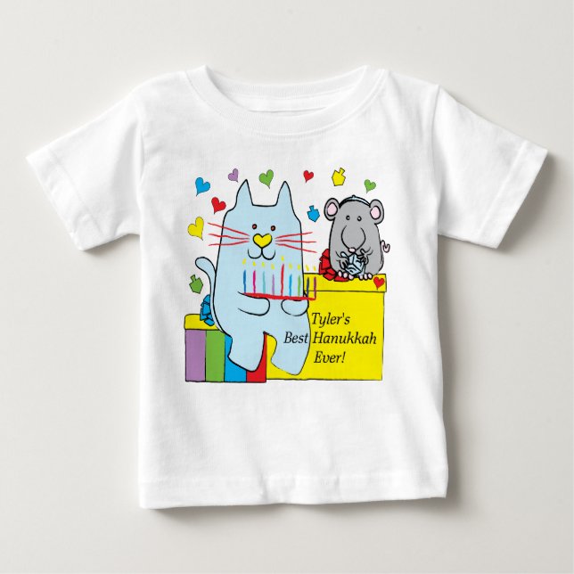 Hanukkah Baby T-Shirt Blue Cat and Mouse (Framsida)