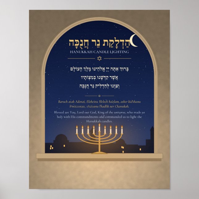 Hanukkah Blessing Hebreisk Poster - Nattfönster (Framsidan)