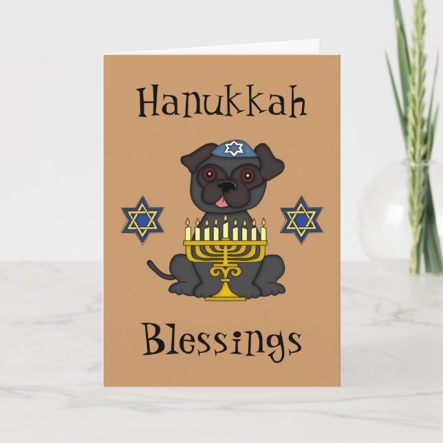 Hanukkah Blessings-Cute Pug med Menorah Helgkort (Framsida)