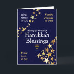 HANUKKAH BLESSINGS Peace Kärlek Joy Stars HEBREW Helgkort<br><div class="desc">Snyggt blue och guld HANUKKAH GREETING CARD vill önska er familj och vänner ett Lycklig Hanukkah, där det står att WISHING ER BÄST AV HANUKKAH BLESSINGS I vit typografi med FAMILY, FRIENDS & ROLIGT och FRED, KÄRLEK & JOY i guld färgad typografi i hörnen. FRED, KÄRLEK, JOY är också skrivet...</div>