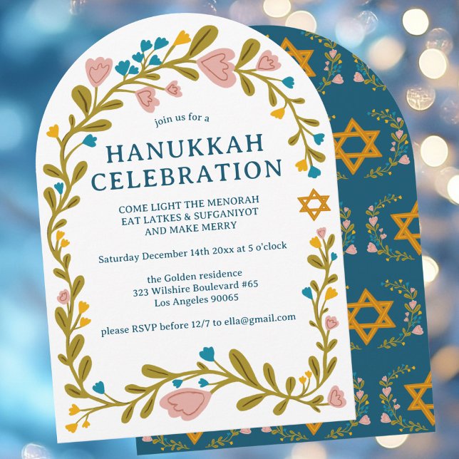 HANUKKAH Blommigt PARTY Utandningsdragd Anpassning Inbjudningar (HANUKKAH PARTY Floral Wreath Hand-drawn Custom Arch Invitation
)