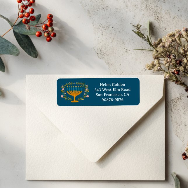 HANUKKAH Blommigt WandeMenorah Returadress Returadress Etikett (HANUKKAH Floral Wreath Menorah Return Address Label
)