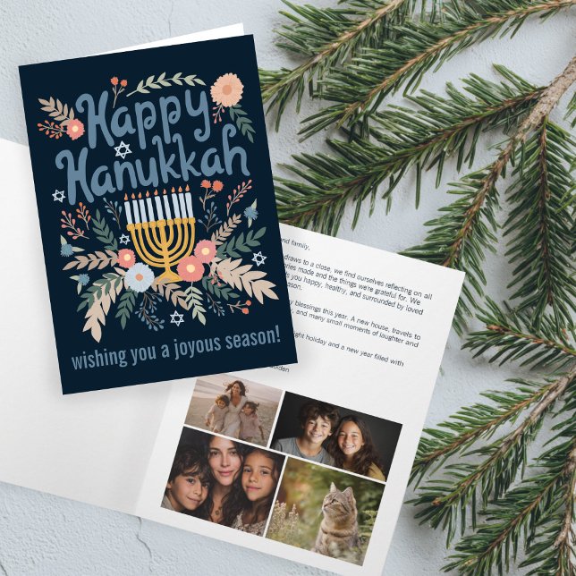 Hanukkah-Blommigtar Handdragen Art ANPASSNINGSBAR  Helgkort (Hanukkah FLorals Hand-drawn Art CUSTOM 4 PHOTO Holiday Card
)