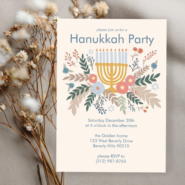 Hanukkah-Blommigtar Handdragen Art ANPASSNINGSBAR  Inbjudningar (Hanukkah FLorals Hand-drawn Art CUSTOM Party Invitation
)