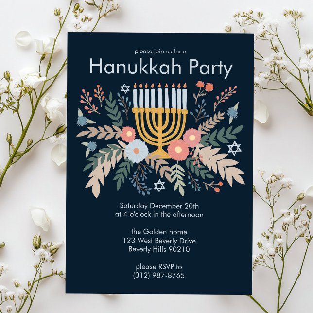 Hanukkah-Blommigtar Handdragen Art ANPASSNINGSBAR  Inbjudningar (Hanukkah FLorals Hand-drawn Art CUSTOM Party Invitation
)