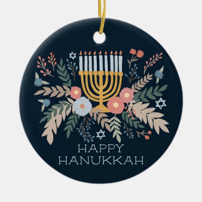 Hanukkah-Blommigtar Handdragen Art ANPASSNINGSBAR  Julgransprydnad Keramik (Framsidan)