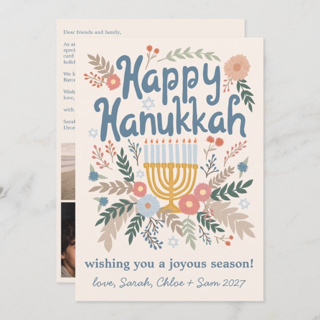 Hanukkah-Blommigtar Handdragen Art ANPASSNINGSBAR  Julkort (Fram/baksida)