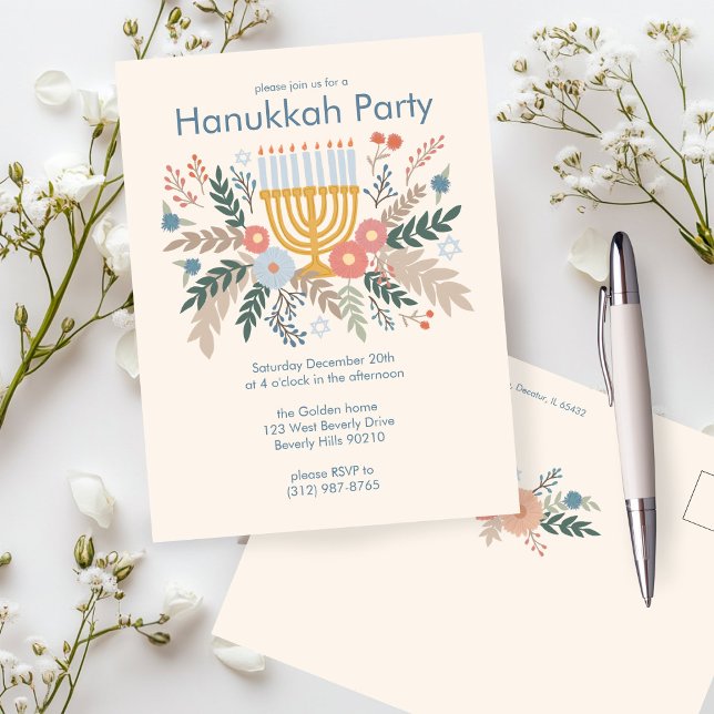 Hanukkah Blommigts Hand-draw ANPASSNINGSBAR Party- Vykort (Hanukkah Florals Hand-draw CUSTOM Party Invitation Postcard
)